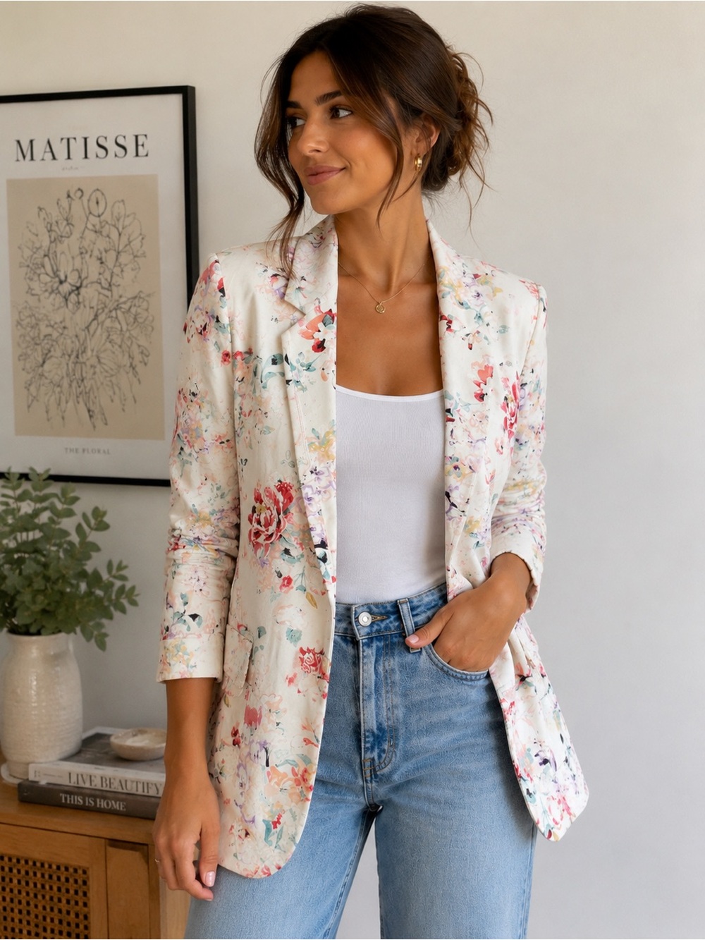 Talula Cream Floral Blazer with Light Cream Accents